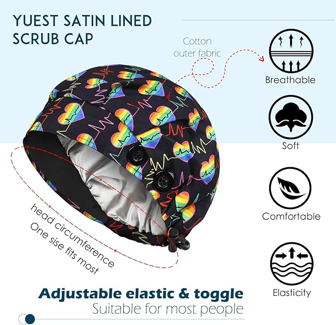 2 Pack Satin Lined Bouffant Scrub Caps with Buttons, Adjustable Scrub Caps for Women Men