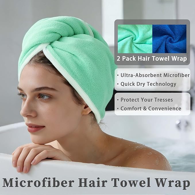 VOOVA & MOVAS Green & Navy Microfiber Hair Towel Wrap for Women 2-Pack, Super Absorbent Quick Dry Hair Towels Turban for Wet Hair After Shower, Soft Lightweight Hair Wraps
