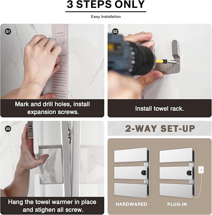 K&KALONZO Electric Towel Warmer, 18.35" W x 22.8" H Wall-Mounted Towel Heater with Built-in Timer, Waterproof Aluminum Towel Warmer for Bathroom, Support Plug-in and Hardwired, Silver, K3-R-S