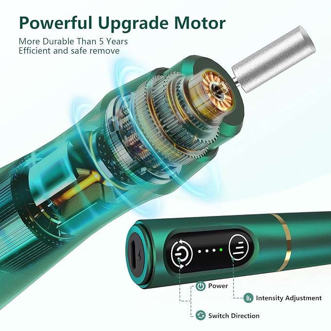 TUOBEO Cordless Nail Drill Electric Rechargeable File Kit, Professional Efile Acrylic Gel Nail Polish Remover Pedicure Manicure Machine Portable Set with 11 Bits 56 Sanding Bands Salon Blackish Green