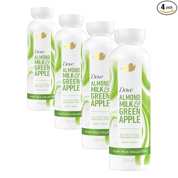 Dove Plant Milk Cleansing Body Wash Almond Milk & Green Apple for Moisturized Skin Gentle Cleanser, No Sulfates or Parabens, pH balanced 17.5 fl oz (Pack of 4)