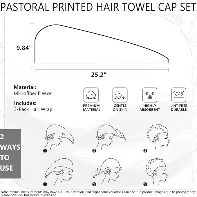 3 PCS Hair Towel Wrap Cute Pastel Floral Print Microfiber Fleece Hair Drying Towel Cap Soft Quick Dry for Women Bath Spa (Flower)