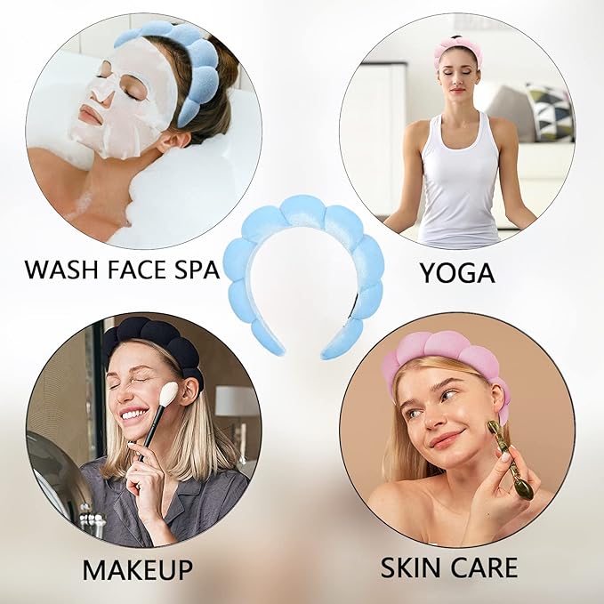 Luckybear Spa Headband for Washing Face, Velvet Makeup Headband, Bubble Skincare Head bands with Face Wash Wristbands Sponge Puffy for Women Skin Care -Blue
