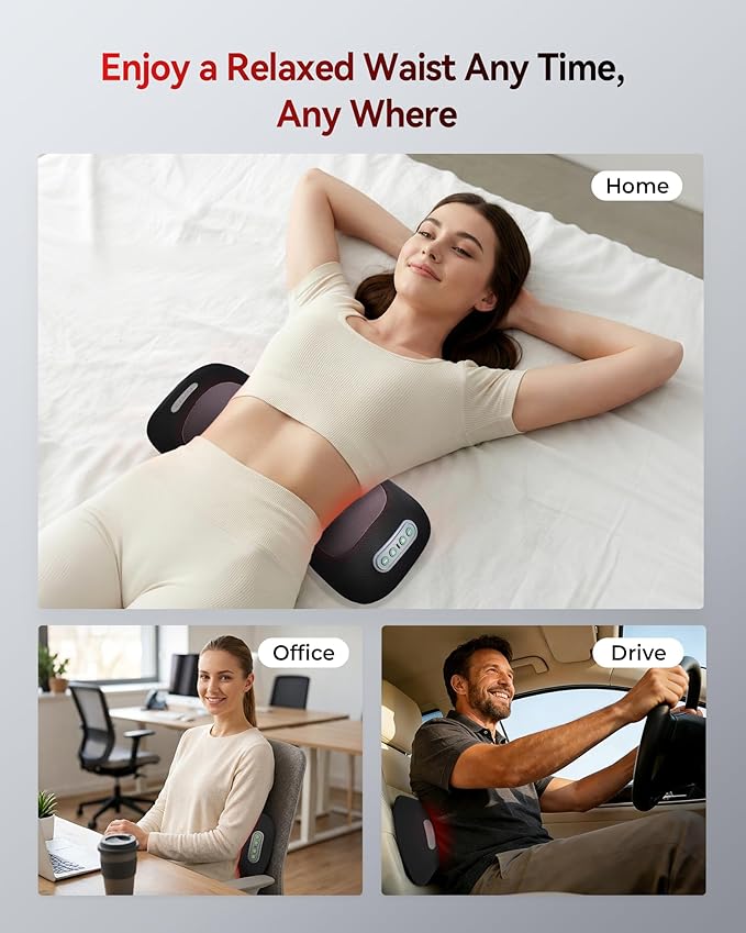4-in-1 Lumbar Support Pillow Cordless Rechargeable 5000mAh with Red Light Therapy, Electric Lower Back Massager w/Vibration, Airbag Traction & Heating for Pain Relief Deep Tissue, Black