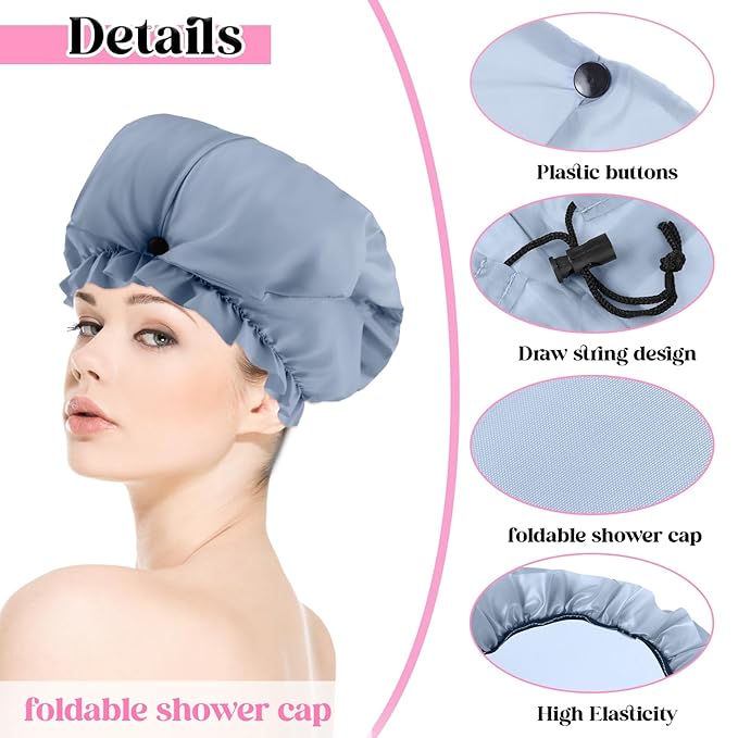2 Pcs Large Shower Cap for Braids, Extra Long Shower Cap for Women Long Hair & Locs, Waterproof Hair Bonnets for Dreadlocks Drawstring Bath Caps for Women & Men (Black, Grey)