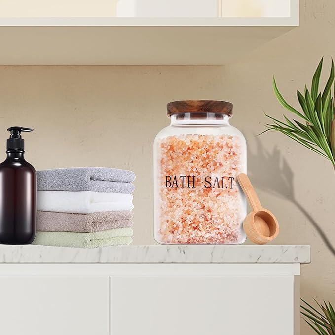 BKYFPQ 74 oz Glass Bath Salts Jar,Bath Salt Container with Wooden Lid and Scoop,Bathroom Organizers and Storage,for Bathroom Bath Decor,Home Decor,Bathtub Accessories for Women