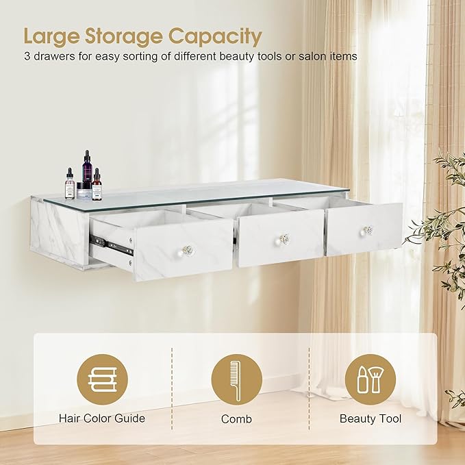 BarberPub Glass Top Wall Mount Station, Beauty Barber Spa Storage Cabinet with 3 Drawers, Minimalist Hair Salon Styling Equipment, Home & Bathroom Organizer 2200 (White)