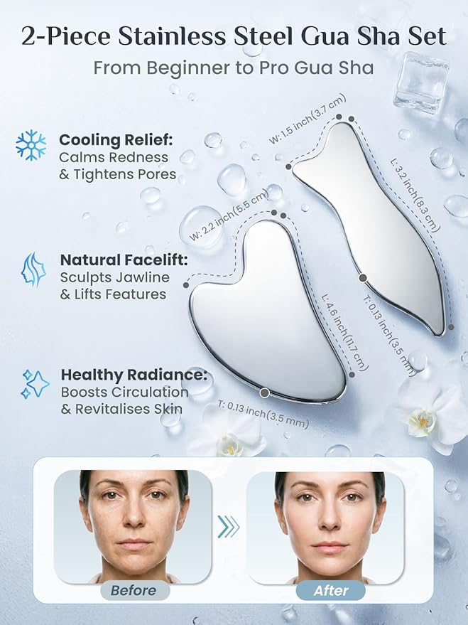 Rena Chris Stainless Steel Gua Sha Set, Guasha Tool for Face and Body Massage, Gua Sha and Acupuncture Massage Tools for Jawline Sculpting, Eye Puffiness & Muscle Relief (2 Pack)
