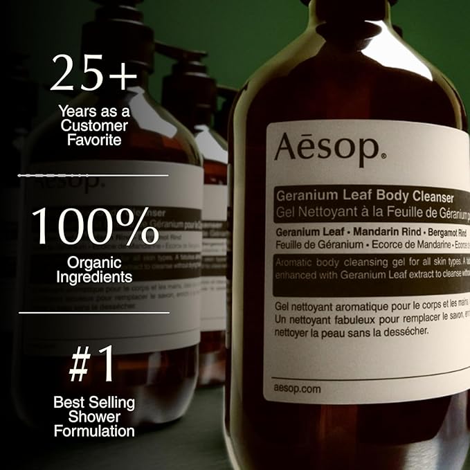 Aesop Geranium Leaf Body Cleanser | Gentle Shower Gel with Geranium, Mandarin and Bergamot Essential Oil Blend to Refresh & Balance Skin | 500 mL / 16.9 oz (Pack of 3)