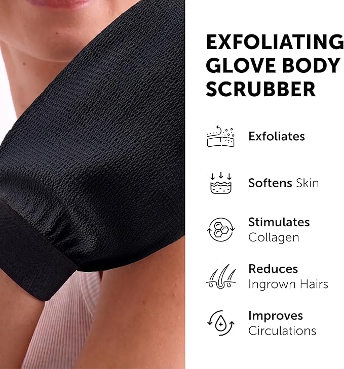 Valitic Exfoliating Glove Body Scrubber - Exfoliating Mitt Dead Skin Remover, Shower Face and Body Exfoliator - Korean Style Skin Scrubber Washcloth - Spray and Self Tan Remover, 1 Black