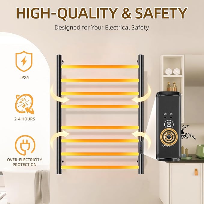 Towel Warmers for Bathroom, Electric Heated Towel Rack Wall Mounted, Hot Storage Rack with Built-in Timer, Stainless Steel, 8 Bars, Plug-in, Fast Heating, Black