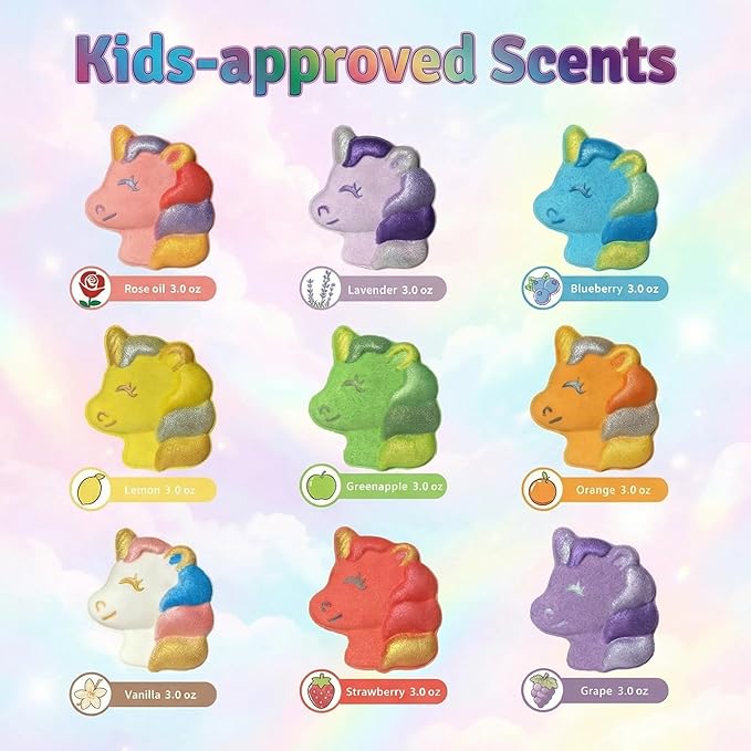 Unicorn Bath Bombs for Kids with Surprise Inside-9 Pcs Large Fizzy Bath Salts with Calming and Long Lasting Scent, Handmade Bubble Bath Bombs for Gilrs Age 3 4 5 6 7 8 9+ Year Old