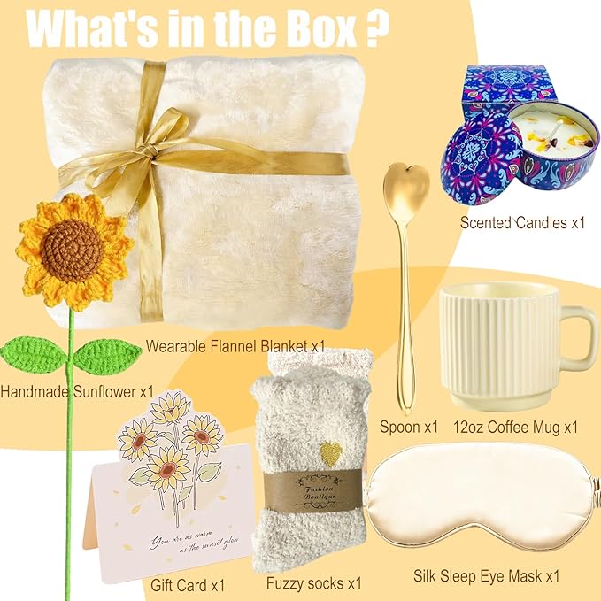 FXK Sunflower Gift Baskets for Women, Self Care Package with Wearable Blanket, Socks, Candle, Mug & Greeting Card - Birthday, Get Well, Thinking of You Gifts for Mom Wife Best Friend- Almond