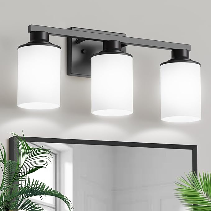 L LOHAS LED Black Bathroom Light Fixtures, 3-Light Vanity Light Over Mirror, Wall Sconces with Milky White Frosted Glass Shades, ETL Listed