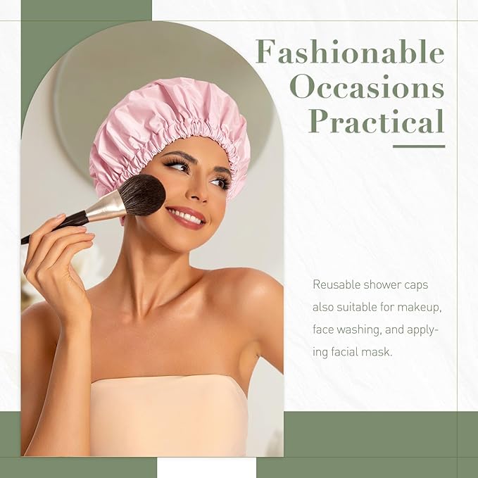 Reusable Shower Cap for Women, Large Waterproof Shower Bonnet with Elastic Band, Washable Bath Hair Cap for Long, Curly Hair, Braids, Daily Shower, Home Spa, Travel(Pink&Beige)
