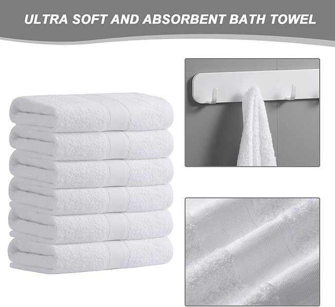 Aibaser Bath Towels, 27x54inch - Natural, Ultra Absorbent Towels for Bathroom, Travel, Gym, Shower and Spa (6 Piece Set) (White)