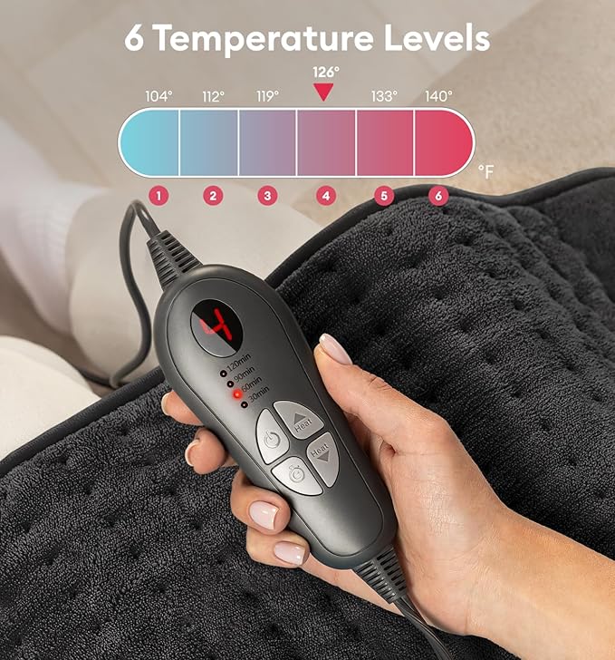 GENIANI Electric Heating Pad for Back Pain & Cramps Relief, Electric Throw, Auto Shut Off, Machine Washable, Double Sided Heating Pad for Neck & Shoulder (12×24", Charcoal Black)