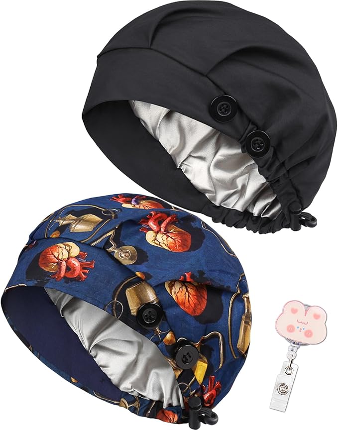 2 Pack Satin Lined Bouffant Scrub Caps with Buttons, Adjustable Scrub Caps for Women Men