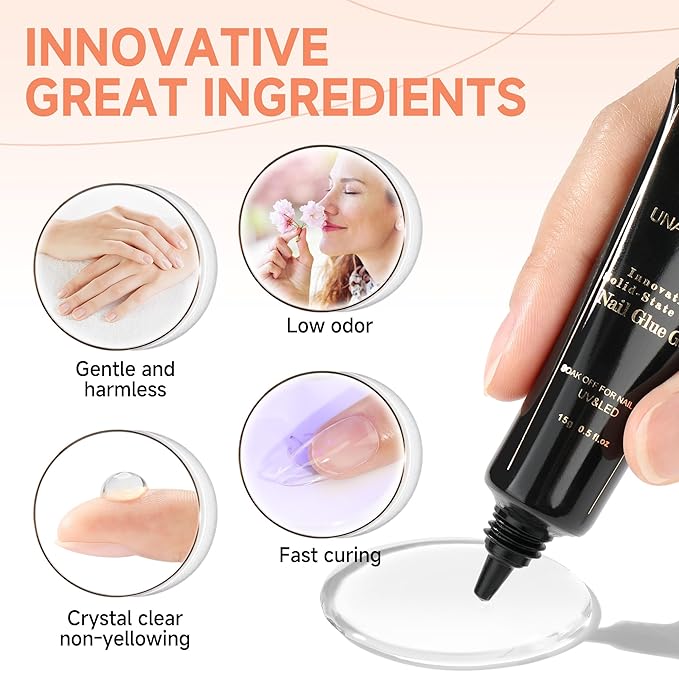 UNA GELLA Solid Nail Glue Gel 15ml Lamp Curing Needed Solid Soak Off U V/LED Lamp Required Super Strong Glue for Fake Acrylic Soft Gel Nail Tips Press On Nails Art Extension