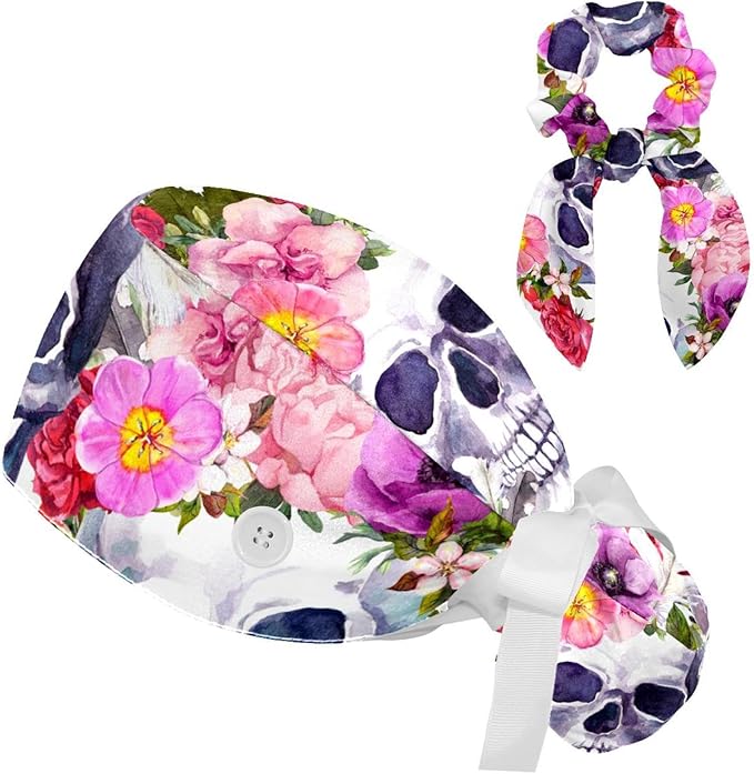 Adjustable Brown Dachshund Dog Blue Surgical Scrub Cap with Button,Sweatband for Women with Bow Hair Scrunchy