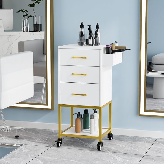 OmySalon Salon Storage Trolley Cart, White Gold Salon Station for Stylist, Beauty Wooden Hair Cabinet with Dryer Holder & Drawer, Hairdressing Tools Organizer Equipment for Spa Barbershop