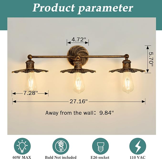 ZGLAOJT 3 Light Vintage Vanity Light Oil Rubbed Bronze Bathroom Light Fixtures Over Mirror.