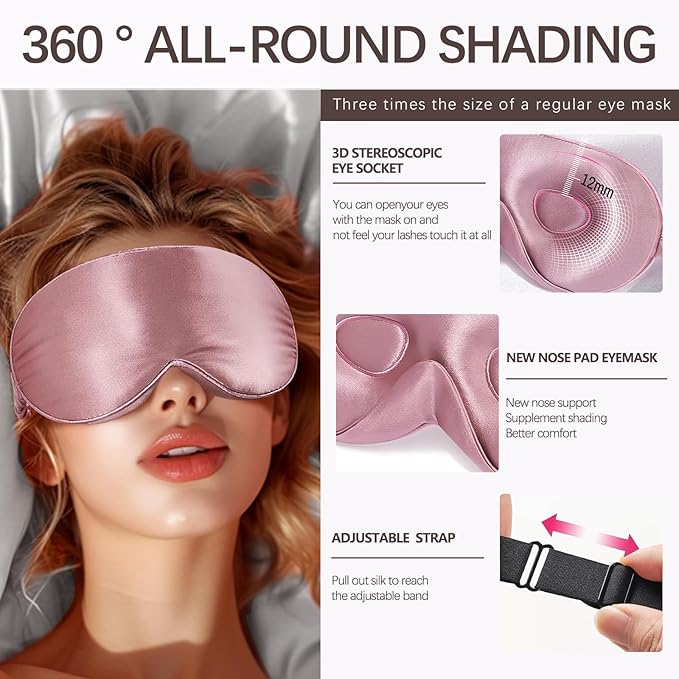 Adjustable Silk Sleep Mask for Custom Comfort | 3D Contour & Blackout Nose Wing | Universal Fit for All Head Sizes | 100% Mulberry Silk Eye Mask for Sleeping | Yueerbao (Bean Pink)