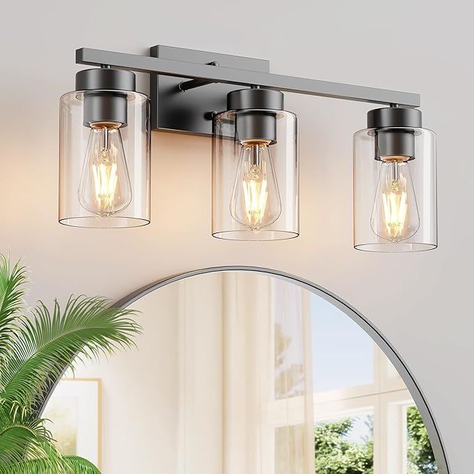 PARTPHONER 3-Light Bathroom Light Fixtures, Matte Black Vanity Light with Clear Glass Shade, Modern Wall Sconce for Mirror Bedroom Living Room Hallway Lighting