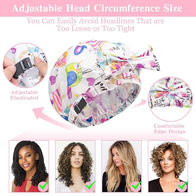 2 PCS Shower Caps, Reusable & Extra Large & Adjustable & Double Layer Waterproof Bow Knot Hair Reusable Cap for Women, Waterproof Outer & EVA Lining, for Shower, Spa, Makeup