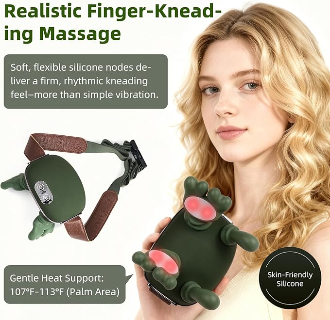 Neck Massager with Finger Kneading, Deep Tissue Neck & Shoulder Massager, 4D Palm-Kneading Massage with Heat, Wearable Strap, Gentle Warmth for Stress & Tension Relief