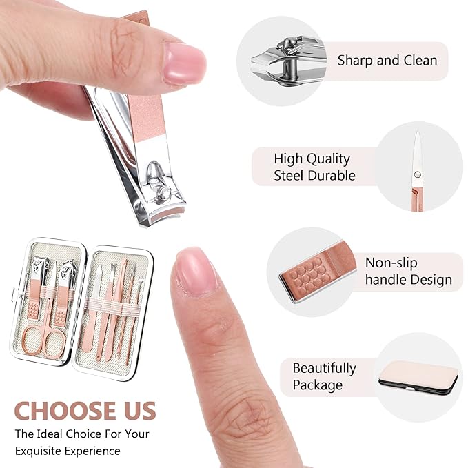 Hanaive 6 Set Manicure Set 48 Pcs Nail Clippers Pedicure Kit Gift for Mother's Day 8 in 1 Stainless Steel Grooming Kit Professional Nail Care Tools with Luxurious Travel Case for Men Women(Rose Gold)