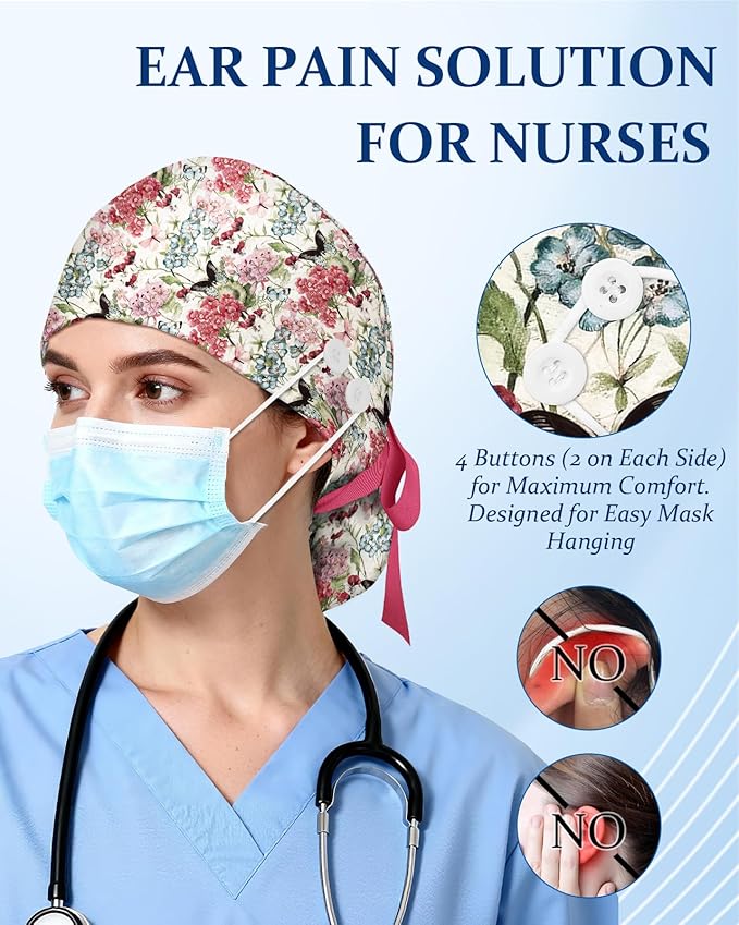 Plifal 100% Cotton Scrub Cap with Buttons-Nurse Cap with Sweatband for Women, Adjustable Working Hat,Satin Lined or Unlined