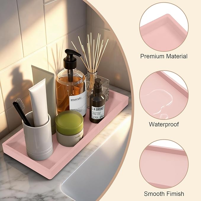Bathroom Vanity Tray, 7.8 x 3.9 Inch Silicone Bathroom Tray Countertop, Non-Slip Decorative Tray for Bathroom, Kitchen, Toilet to Organize Perfume, Jewelry, Soap, Waterproof, Pink