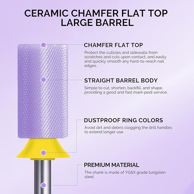 MelodySusie Ceramic Nail Drill Bits, 3/32'' Chamfer Flat Top Large Barrel Bits, Fast Remove Acrylic or Hard Gel, Nail Tool for Manicure Pedicure, Salon Home, Professional or Beginner, Purple, XF