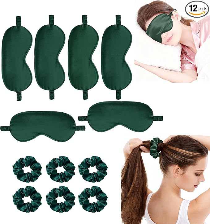 12Pcs Silk Sleep Masks Satin Eye Mask Silky Eyes Cover Blindfold Eyeshade Hair Ties Scrunchy Travel Bridesmaids Gifts
