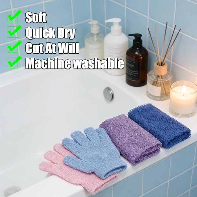 6 Pack African Net Sponge Exfoliating Glove Set, 3 Pairs Shower Gloves and 3 Long Net Body Scrubber Back Scrubber for Deep Cleansing & Smooth Skin