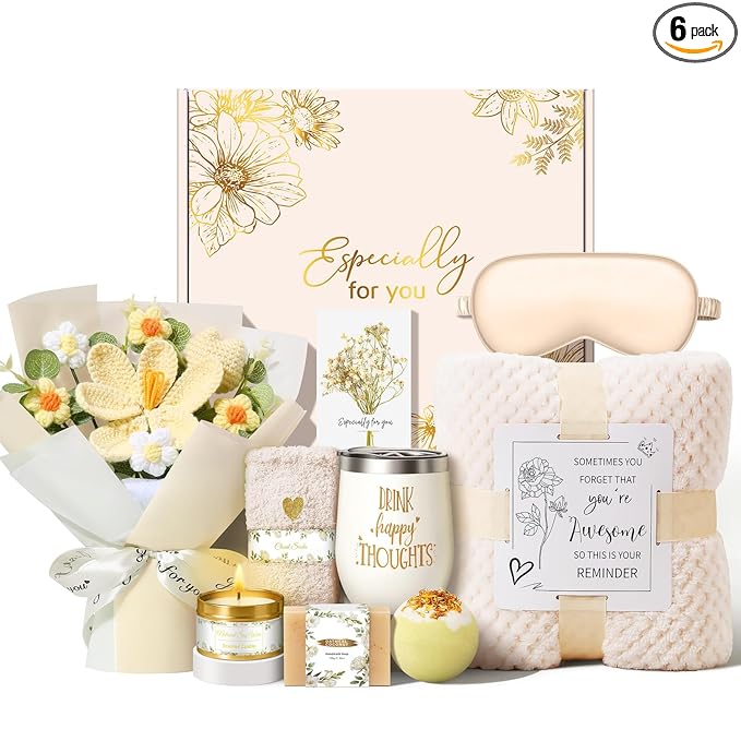 Birthday Gifts for Women, Gift Baskets for Women Self Care Spa Set, Get Well Care Package Inspirational Relaxation Mothers Day Gifts with Crochet Flower Bouquet for Mom Friend Sister