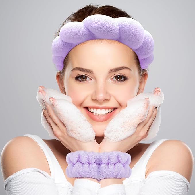 Zkptops Spa Headband for Washing Face Wristband Set Sponge Makeup Skincare Headband Terry Cloth Bubble Soft Get Ready Hairband Women Girl Puffy Padded Headwear Non Slip Thick Hair Accessory(Purple)