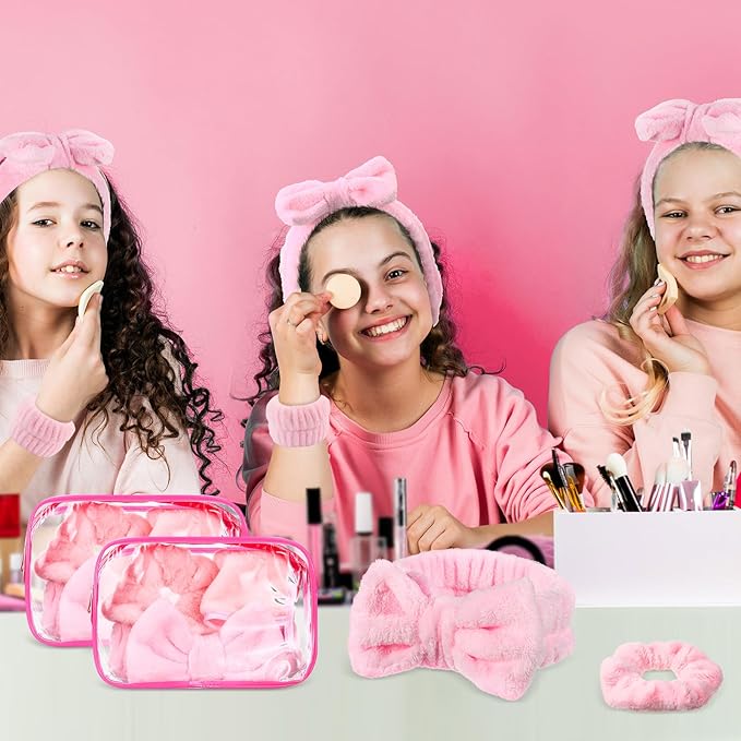 Hoteam 10 Pcs Spa Party Supplies Gift for Mother's Day Sleepover Party Favor Spa Headband Wristband Sleep Eye Mask Velvet Scrunchies for Skin Care Makeup Slumber Night Favor(Pink)