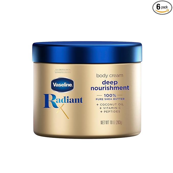Vaseline Radiant X Deep Nourishment Body Cream 100% Pure Shea Butter, Coconut Oil, Vitamin C, & Peptides 10 oz (Pack of 6)