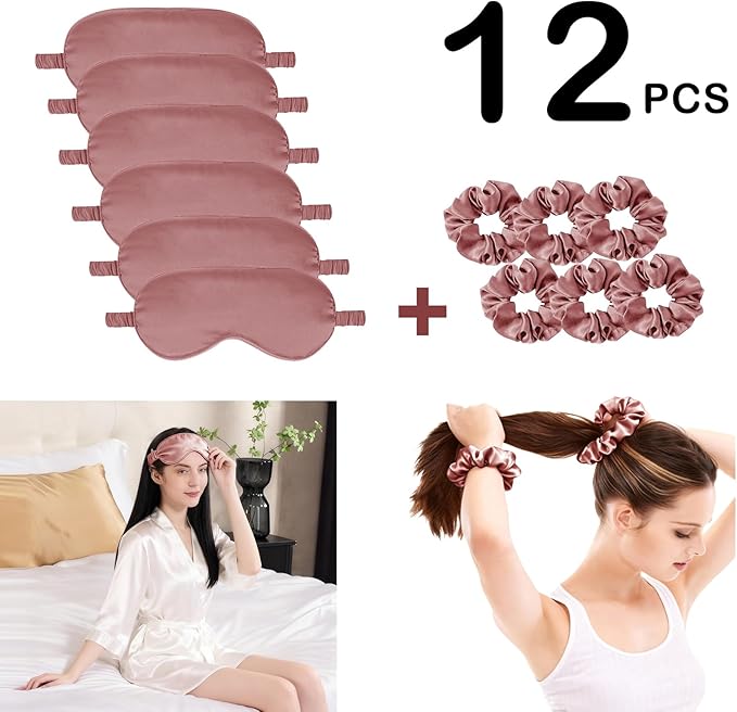 12Pcs Silk Sleep Masks Satin Eye Mask Silky Eyes Cover Blindfold Eyeshade Hair Ties Scrunchy Travel Bridesmaids Gifts