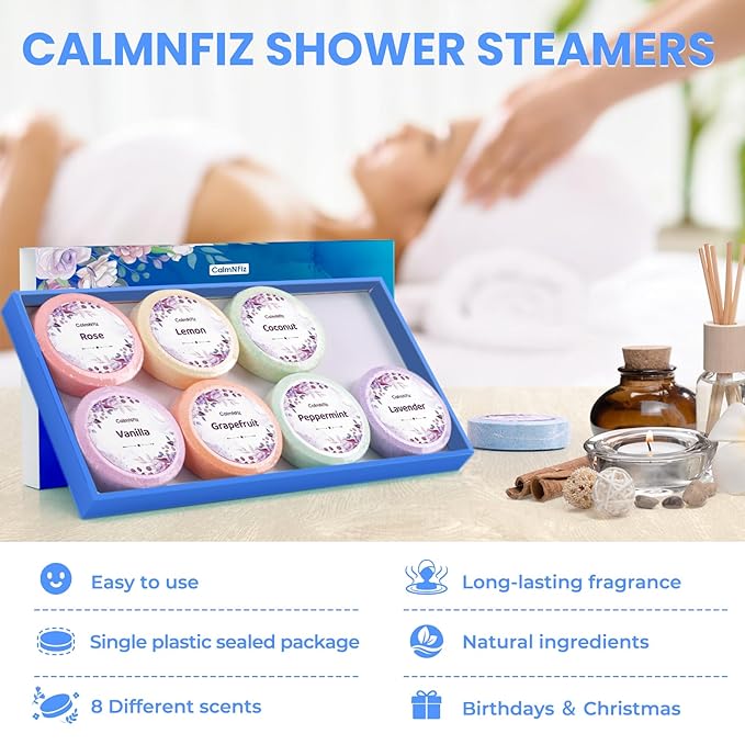 Shower Steamers 8 Pack Set Shower Bombs Tablets in Blue Box with 8 Fragrances with Shea Butter for Self-Care & Relaxation, Idea for Mothers Day Women and Men