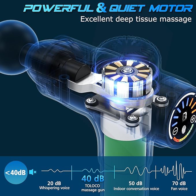 TOLOCO Massage Gun, Back Massager 10 Replacement Head for Pain Relief Deep Tissue, Percussion Massage Guns 7 Speed Level Super Quiet Electric Massager Mothers Day Gifts, Carbon