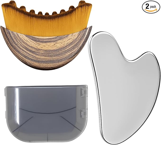 Stainless Steel Gua Sha Tool & Lymphatic Drainage Face Brush Set, TWPER Facial Massage Kit for Jawline Sculpting Puffiness Lifting Relaxation, Contour Face Brush with Storage Case