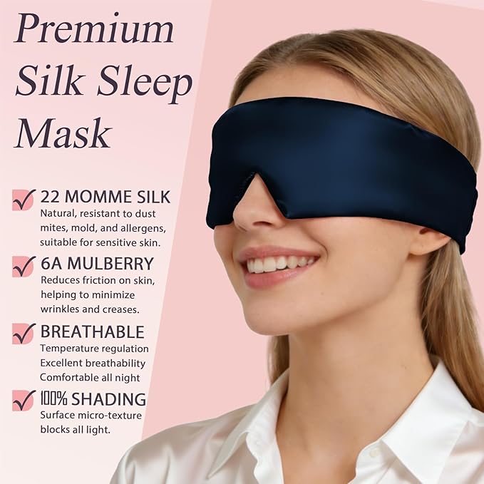 Silk Sleep Eye Mask for Side Sleeper Men Women, Eye Mask Sleeping 100% 22 Momme Pure Mulberry Silk for Travel, Face-Hugging Padded Eye Cover for Sleeping with Adjustable Band-Navy Blue