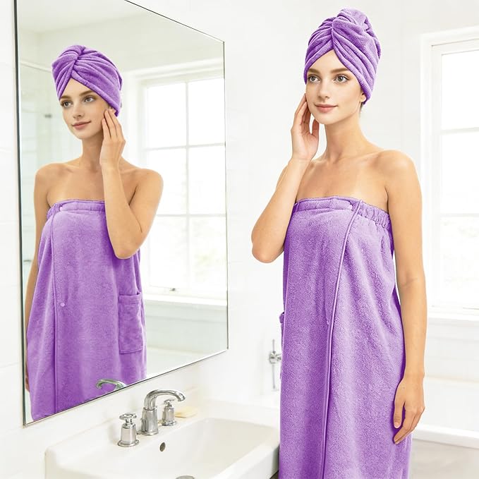 Women’s Adjustable Spa Wrap Towel Set, Microfiber Body Wrap Bathrobe with Matching Hair Towel, Super Absorbent & Quick Dry Shower Wrap for Home, Gym, Pool – Light Purple (Light Purple)