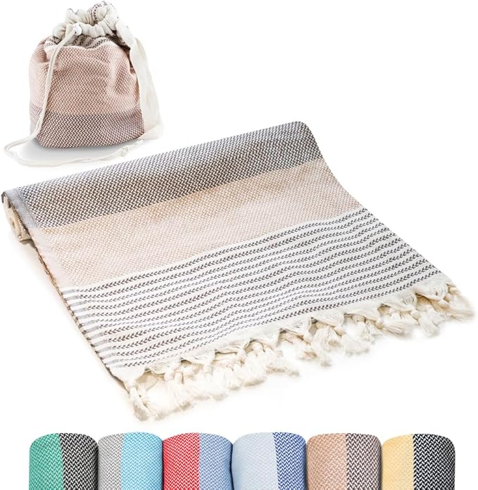 ATANI Turkish Beach Towel (71x39 Inches), Converts to a Bag, Oversized 100% Cotton Bath Towels Lightweight Quick-Dry Beach Blanket for Travel, Picnic, Camping, Yoga and Pool (Brown)