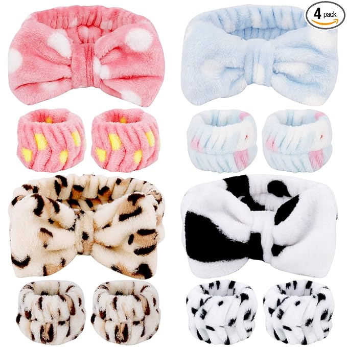 12PCS SPA Headband and Wristband Set Super Cute Soft Microfiber Makeup Headband for Women Girls Elastic Bow Skincare Headbands with Highly Absorbent Wristbands for Washing Face Shower
