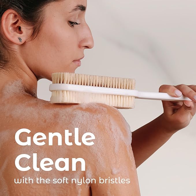MainBasics Back Scrubber for Shower, Long Handle Body Brush with Dual-Sided Exfoliating and Soft Bristles, 15.75 Inch (White)