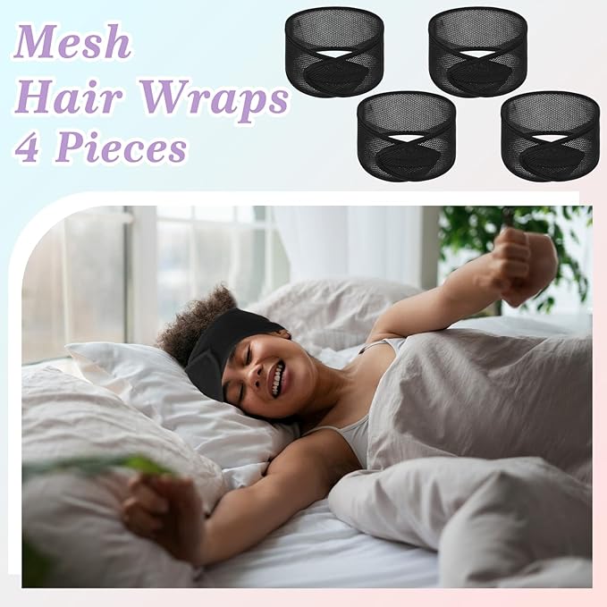 CIATBYYJ 4Pcs Mesh Hair Wraps, Thicker Soft Head Wraps for Black Women, Adjustable Stretchable Wrap Cap for Women Long Short Hair, Non-slip Washable Mesh Hairs Wrap for Makeup Washing Sleeping Spa